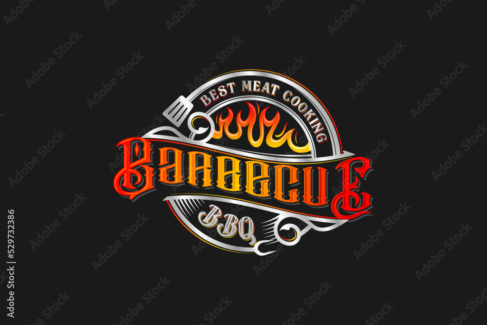 Fototapeta premium BBQ barbecue logo design vintage flame fire grill spatula carving fork icon symbol restaurant illustration