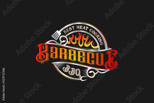BBQ barbecue logo design vintage flame fire grill spatula carving fork icon symbol restaurant illustration