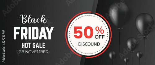 Black Friday Sale Banner with Shiny Balloons Bunch and Confetti on Dark Background. Vector illustration.