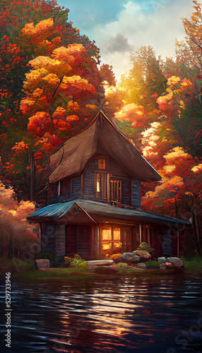 Fotografiet autumn fall cottage Peacefull house hut cabin lake Digital Art Illustration Pain