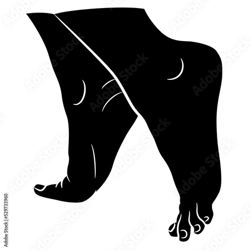 Two bare female feet standing on tiptoe. Black and white negative silhouette. Cartoon style. Isolated vector illustration. 