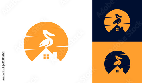 Real estate logo with pelican bird silhouette and sunset