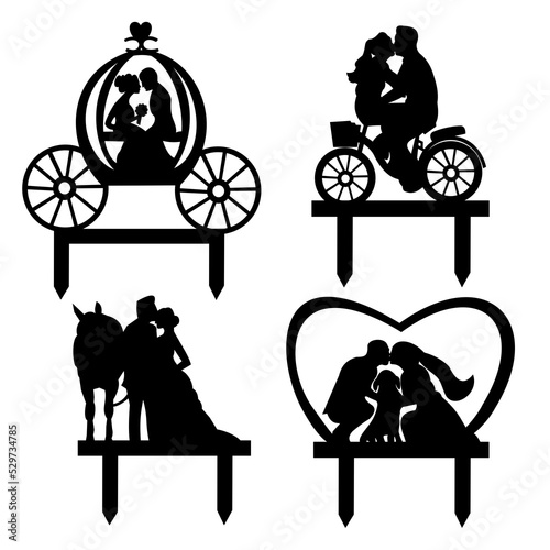 Wedding toppers silhouettes, bride and groom, marriage, heart, dog,horse, bycicle, carriage