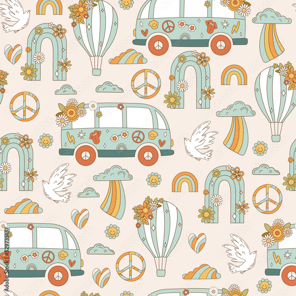 Seamless pattern retro 70s hippie. Psychedelic groove element ...