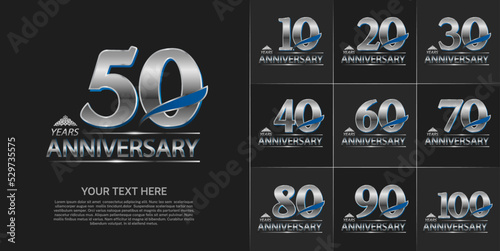 set of anniversary silver color and blue feather can be use for celebration event