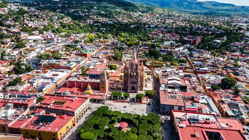 Beautiful aerial drone view of the main square of San Miguel de Allende in Guanajuato, Mexico. © Mylifeontopdm