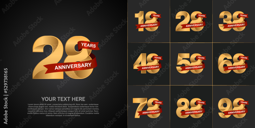 Fototapeta premium set of anniversary golden color and red ribbon can be use for celebration event