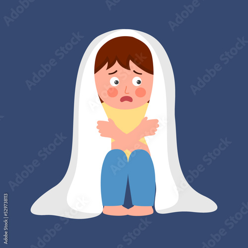 Scared child sitting under blanket in flat design. Little girl fear of darkness.