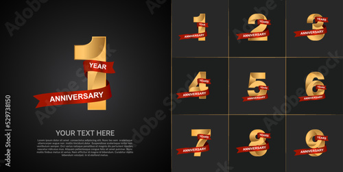 set of anniversary golden color and red ribbon can be use for celebration event
