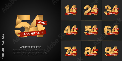 set of anniversary golden color and red ribbon can be use for celebration event