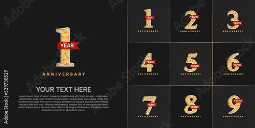 set of anniversary golden color and red ribbon can be use for celebration event