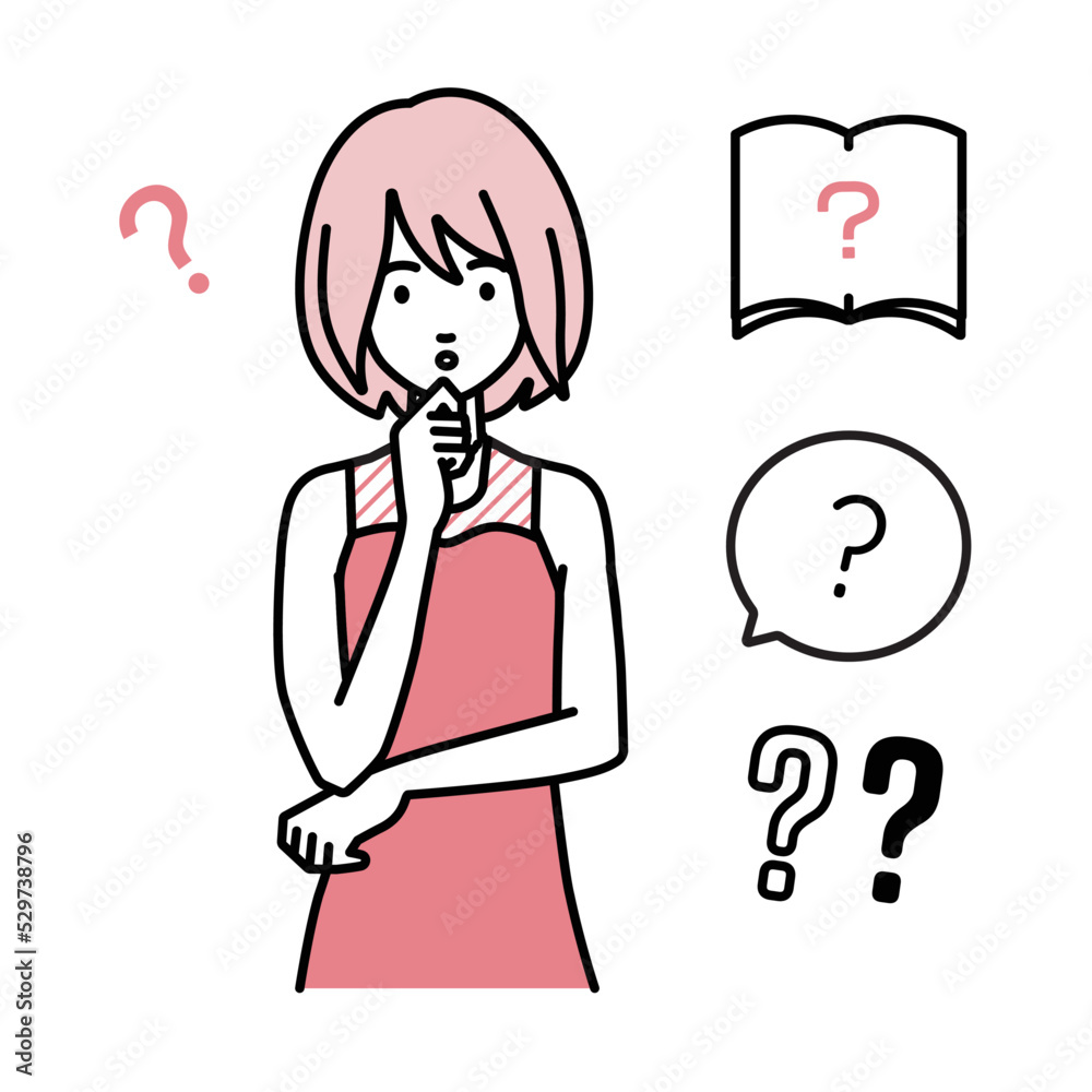 立って手をあごにあてて疑問を感じているドレスの女性 クエスチョンマークのセット 立って手をあごにあてて疑問を感じているドレスの女性 クエスチョンマークのセット
