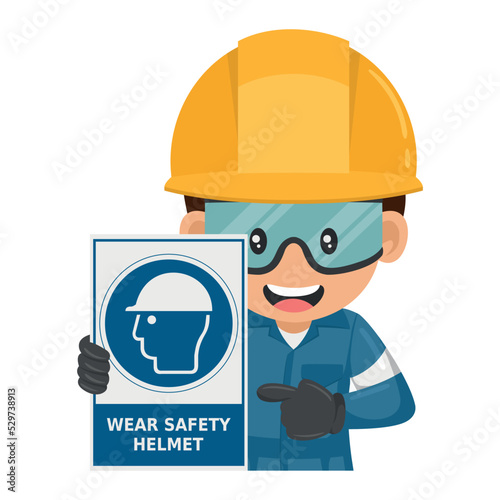 Industrial worker with warning sign of mandatory use of safety helmet. Industrial safety and occupational health at work