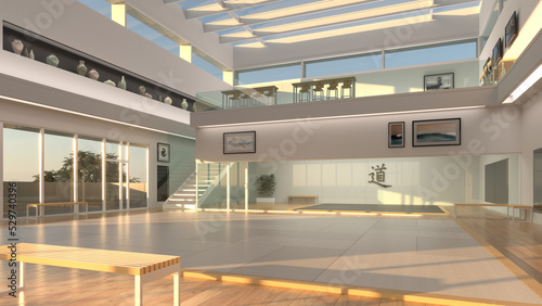 3D Illustration of Modern Dojo or Karate School with Light and Bright Atmosphere. Gym has two mats with one private area behind glass. Kanji means "The Way" and "Good Fortune". Golden Hour.