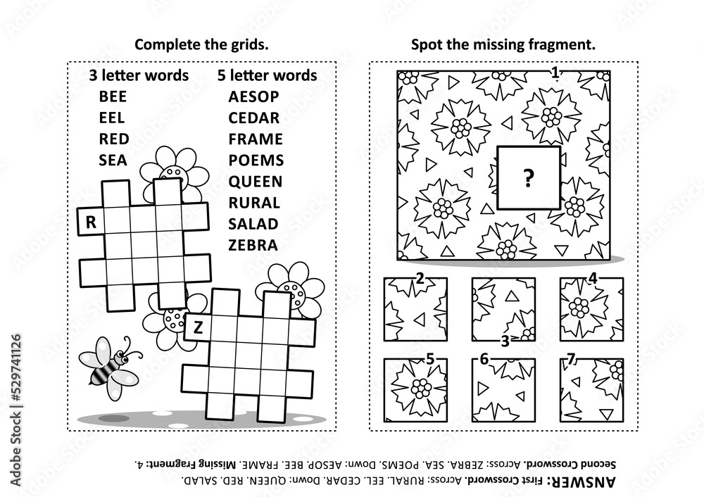 Activity page with two puzzles. Fillin crossword puzzle or word game