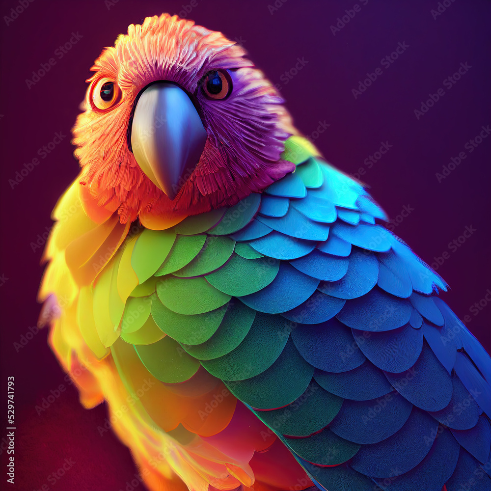 Fototapeta premium Face of Clever and Beautiful parrot. animal with color Clothes. Black Cat Sitting. Character Design. Concept Art Characters. Book Illustration. Video Game Characters. Serious Digital Painting. CG 