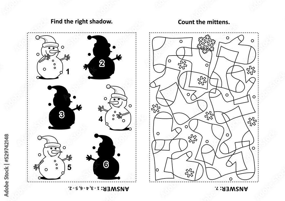 Two visual puzzles and coloring page for kids. Find the shadow for each