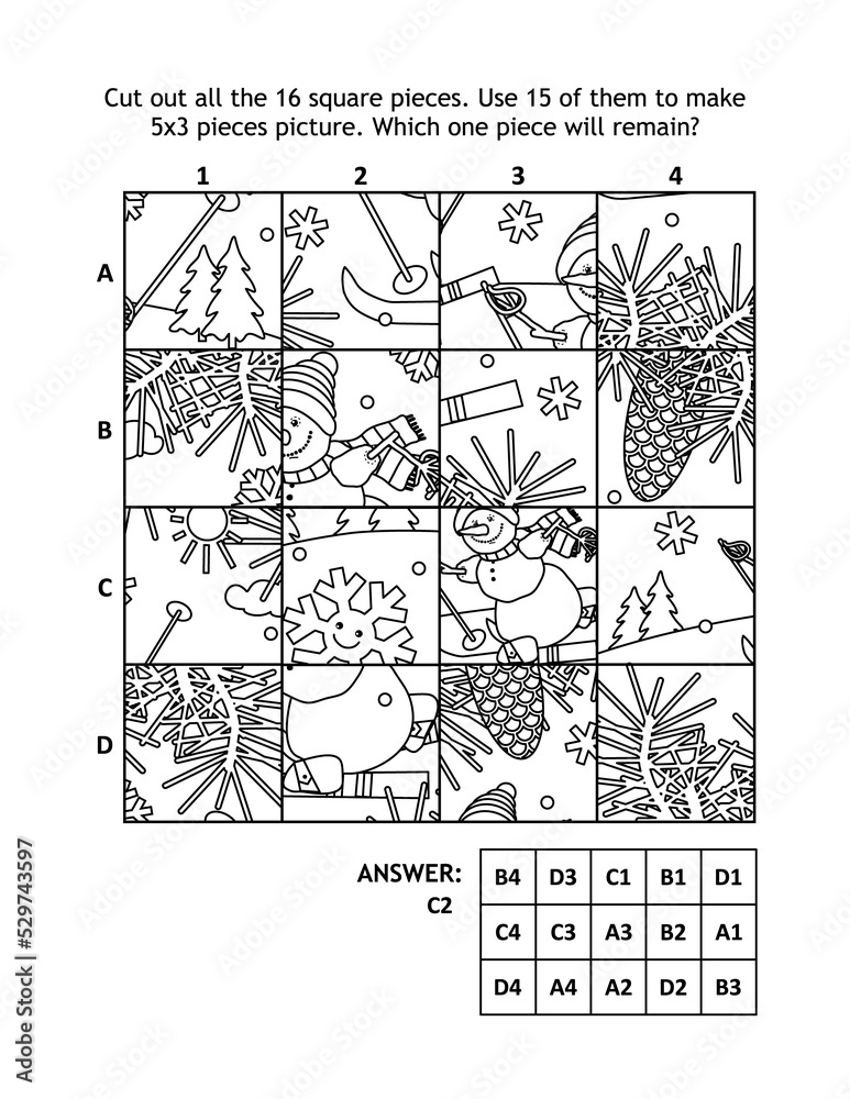 Winter holidays activity page. Cut out all the 16 square pieces. Use 15 of them to make 5x3 pieces picture. Which one piece will remain? Answer included.

