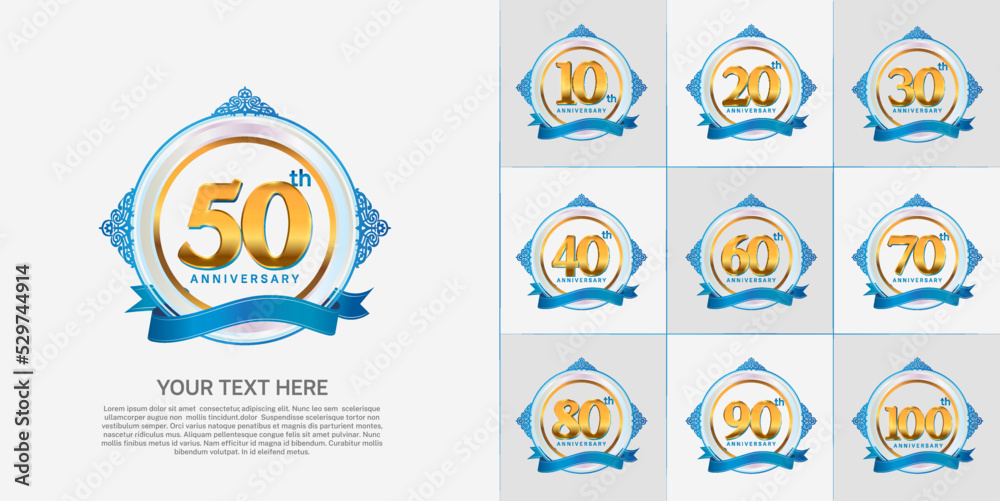 set of anniversary golden color and blue ribbon can be use for celebration moment