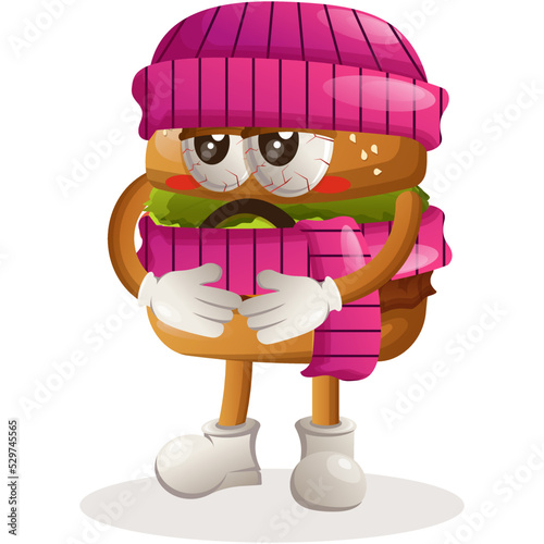 Cute burger mascot design unwell, sick, fever, wearing a scarf. Burger cartoon mascot character design. Delicious food with cheese, vegetables and meat. Cute mascot vector illustration