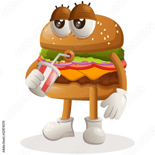Cute burger mascot design drinking soda, cola. Burger cartoon mascot character design. Delicious food with cheese, vegetables and meat. Cute mascot vector illustration