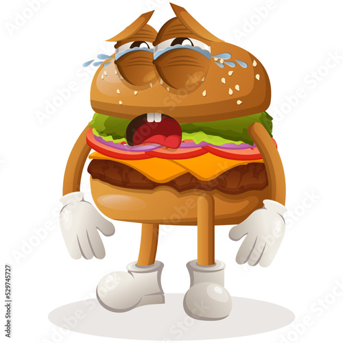 Cute burger mascot design crying. Burger cartoon mascot character design. Delicious food with cheese, vegetables and meat. Cute mascot vector illustration