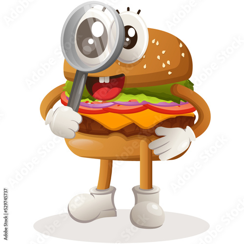 Cute burger mascot design conducting research, holding a magnifying glass