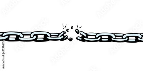 Broken chain with shatters as symbol of strength and freedom. Sketch of metal chains. Vector illustration isolated in white background