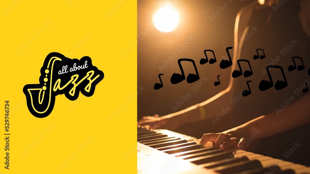 All about jazz symbol text by musical notes on female musician playing piano