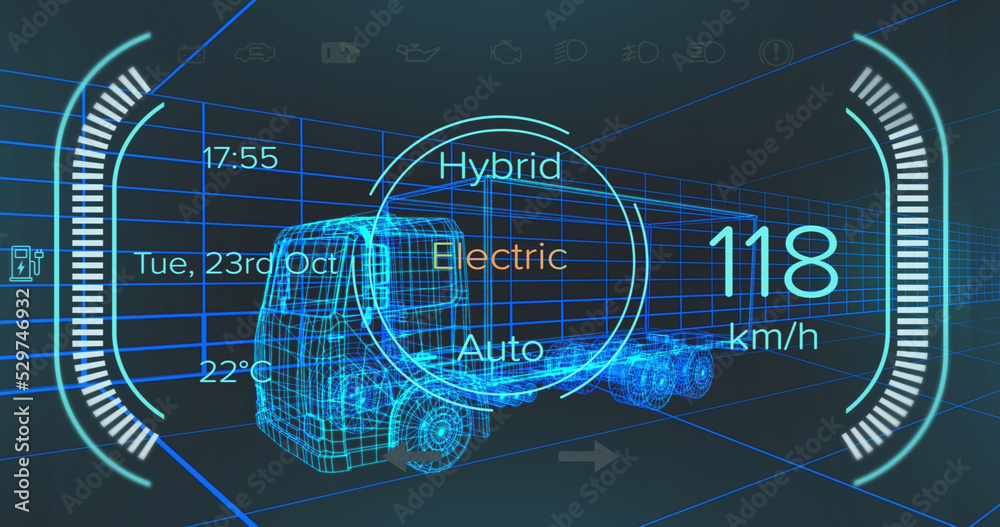 Image of speedometer and power status data on hybrid vehicle interface, over 3d truck model - obrazy, fototapety, plakaty 