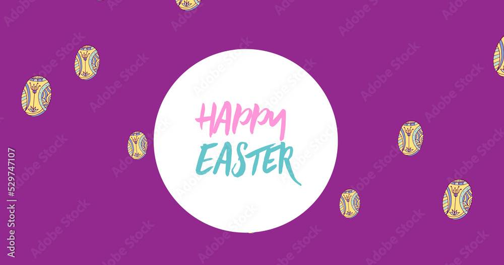 Image of happy easter text over easter eggs on purple background Image of happy easter text over easter eggs on purple background