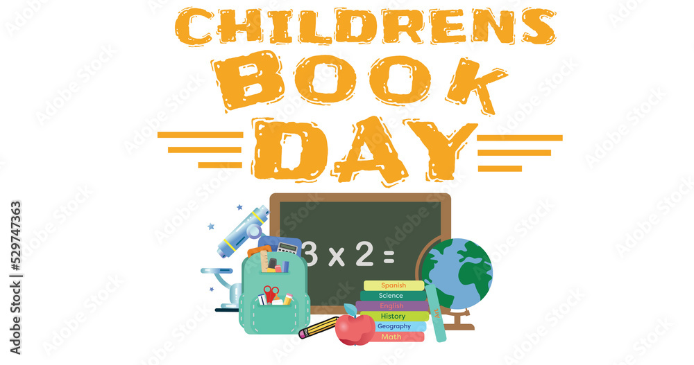Fototapeta premium Image of children's book week text over school items on white background