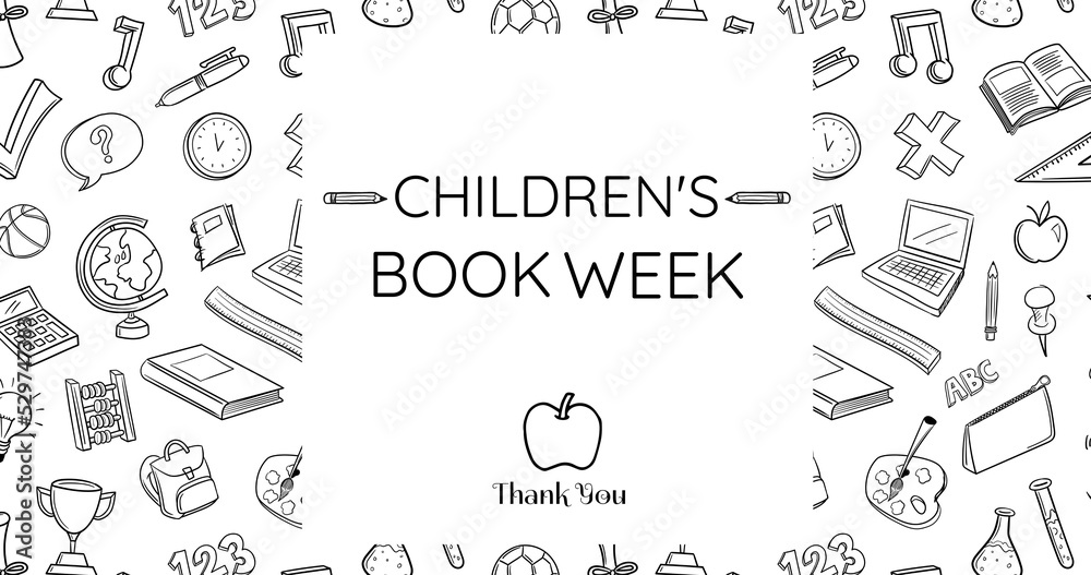 Image of children book week text over school items on white background