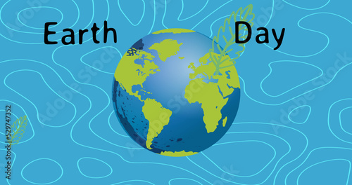 Image of earth day text over arms globe and leaves on blue background