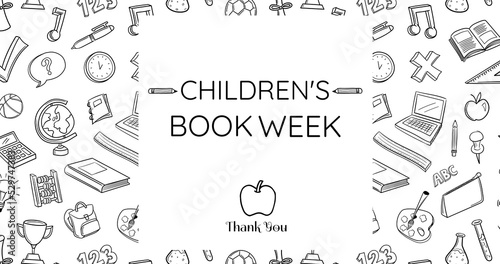 Image of children book week text over school items on white background