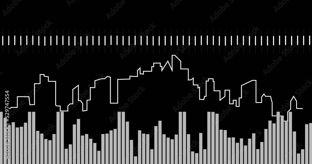 Image of moving white columns over cityscape on black background Image of moving white columns over cityscape on black background