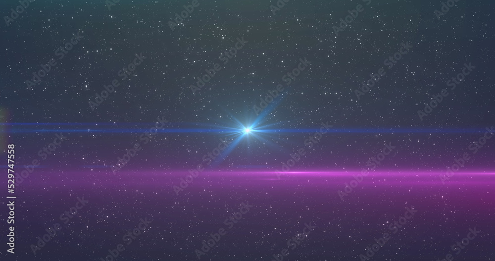 Fototapeta premium Image of glowing blue light moving over spots of light and stars in background