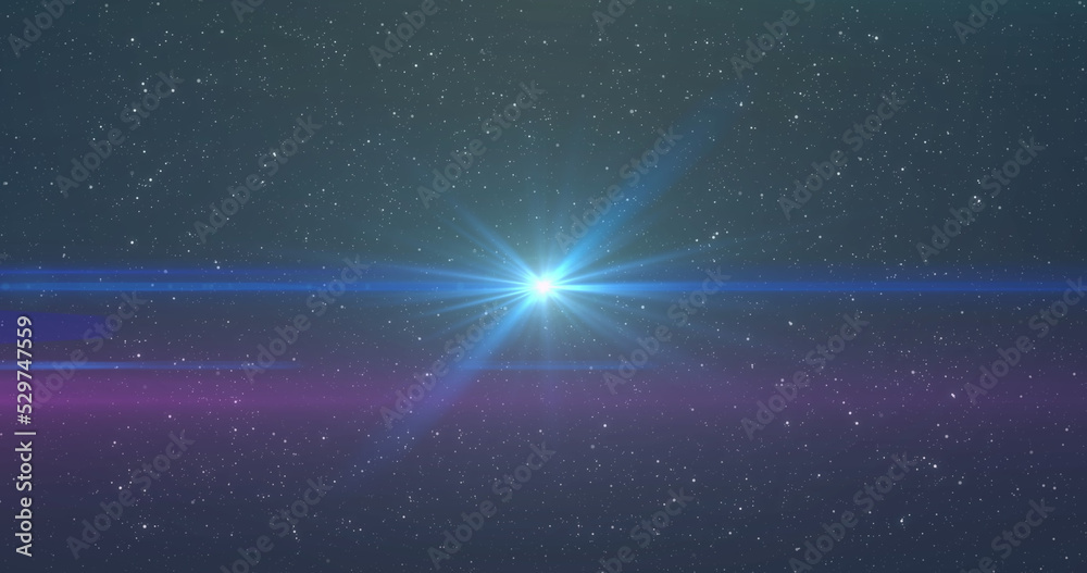 Fototapeta premium Image of glowing blue light moving over spots of light and stars in background