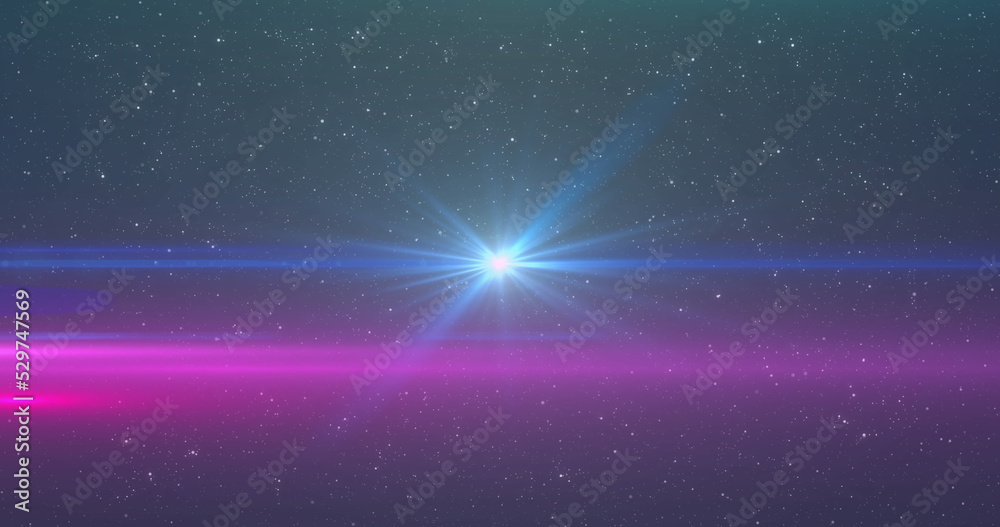 Fototapeta premium Image of glowing blue light moving over spots of light and stars in background