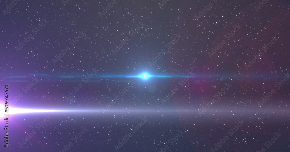 Naklejka premium Image of glowing blue light moving over spots of light and stars in background