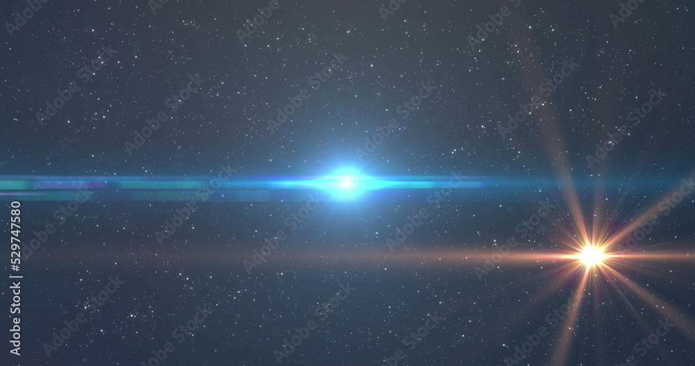 Fototapeta premium Image of glowing blue and orange light moving over spots of light and stars in background