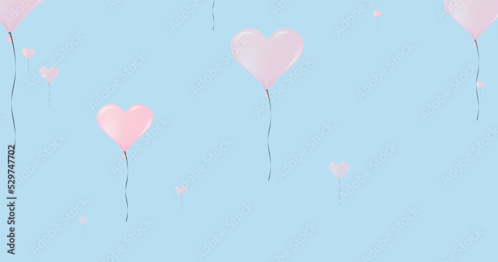 Image of flying pink hearts balloons on blue background