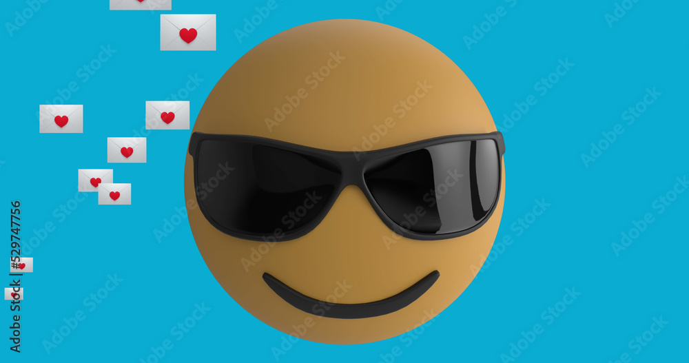 Image of emoji icon with sunglasses with heart email icons on blue background Image of emoji icon with sunglasses with heart email icons on blue background