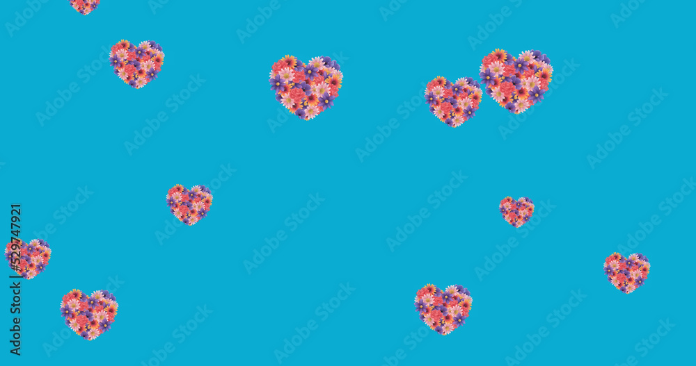 Image of flower hearts moving in hypnotic motion on blue background Image of flower hearts moving in hypnotic motion on blue background