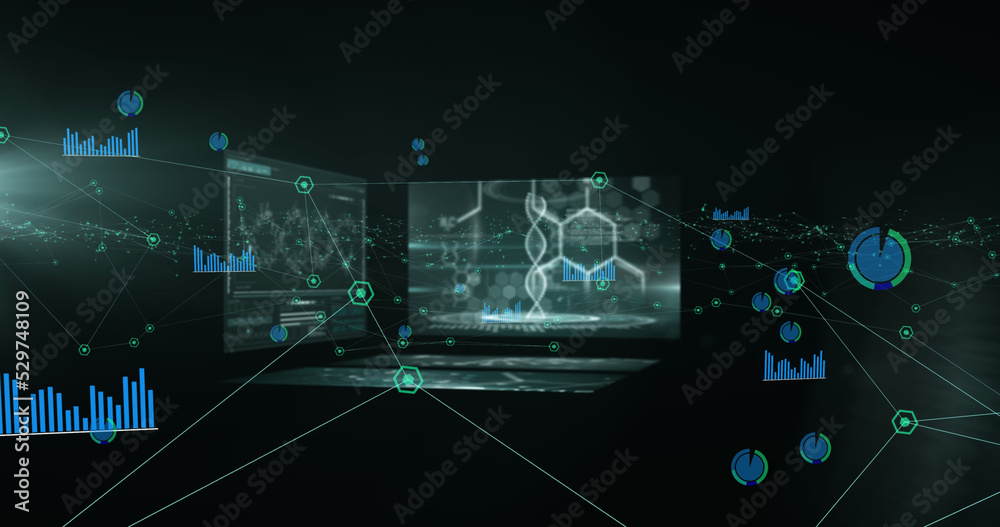 Image of network of connections and statistics recording over medical data processing on screens Image of network of connections and statistics recording over medical data processing on screens