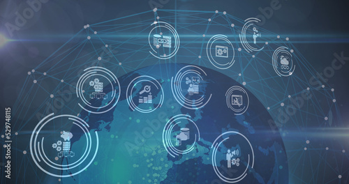 Image of network of connections with icons over globe