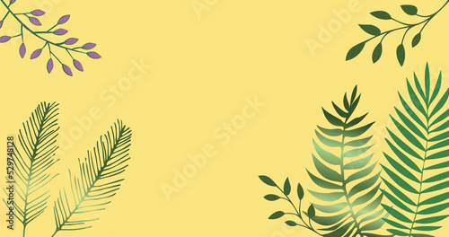 Image of tropical plant leaves on yellow background