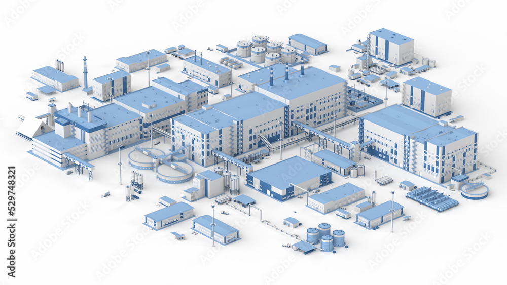 Plant in isometric view on white background. Small industrial buildings with pipes. Production halls and warehouses. 3d render - obrazy, fototapety, plakaty 