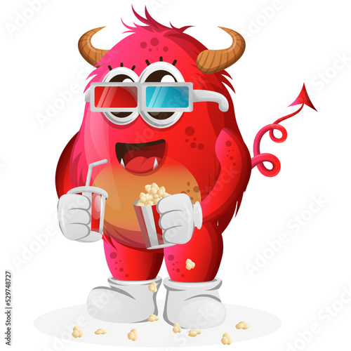 Vector_Cute red monster watching movie with holding soda and popcorn