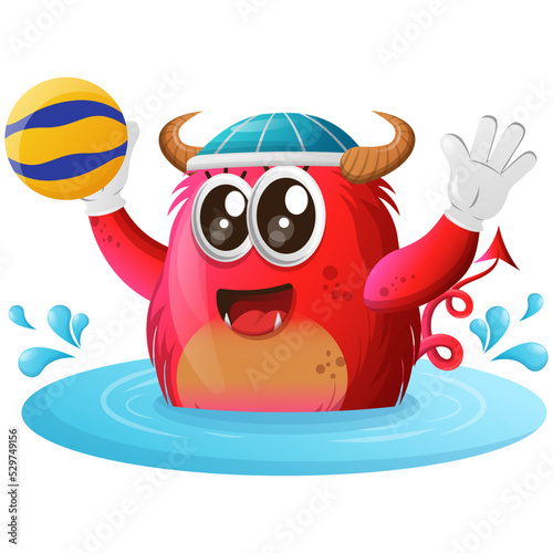 Vector_Cute red monster playing waterpolo